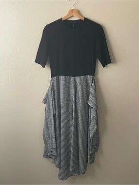 Maje Black Top with Gray Plaid Midi Dress